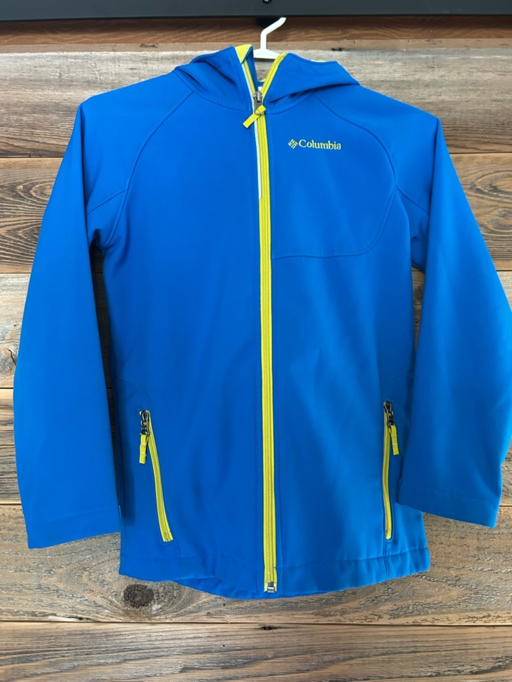 Columbia Youth Softshell Jacket Blue Lime Hooded Fleece Lined Spring Coat Size M